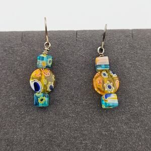 Blue & Orange Filigree Floral Beaded Glass Earrings Hook Style Dangle Tropical